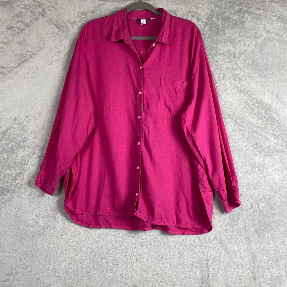 Old Navy The Boyfriend Shirt Womens XL Fuchsia Pink Linen Blend Button Down Top